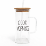 Mug en verre “GOOD MORNING” avec couvercle bambou & paille réutilisable