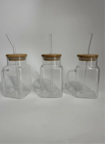 Verre carré avec couvercle bambou et paille – Image 3