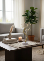 Arbre décoratif LED doré 50 cm – lampe de table sur socle blanc – Image 2