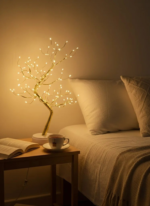 Arbre décoratif LED doré 50 cm – lampe de table sur socle blanc – Image 3