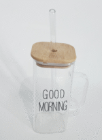 Mug en verre “GOOD MORNING” avec couvercle bambou & paille réutilisable – Image 3