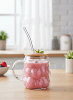 Mug ourson en verre avec couvercle bambou & paille réutilisable – Image 2