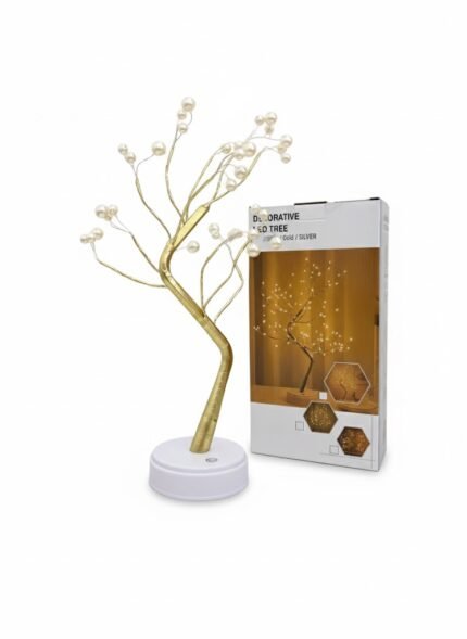 Arbre décoratif LED doré 50 cm – lampe de table sur socle blanc