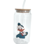 Verre canette en verre avec couvercle bambou & paille – motifs personnages