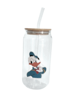 Verre canette en verre avec couvercle bambou & paille – motifs personnages