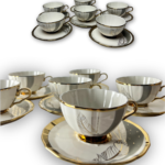 Service à café / thé en porcelaine dorée – 6 tasses et soucoupes
