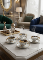 Service à café / thé en porcelaine dorée – 6 tasses et soucoupes – Image 2