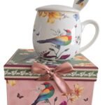 Mug En Porcelaine Motif Floral Délicat Orné D'un Oiseau Coloré Avec Boite Cadeau