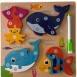 Puzzle D’éveil en Bois Thème Animaux Marins Avec Tableau d'Écriture
