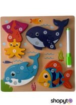 Puzzle D’éveil en Bois Thème Animaux Marins Avec Tableau d'Écriture