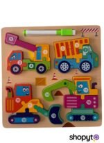 Puzzle D’éveil en Bois Thème Moyens De Transport Illustrés Avec Tableau d'Écriture