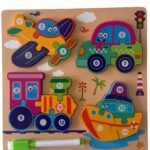 Puzzle D’éveil en Bois Thème Moyens De Transport Avec Tableau d'Écriture